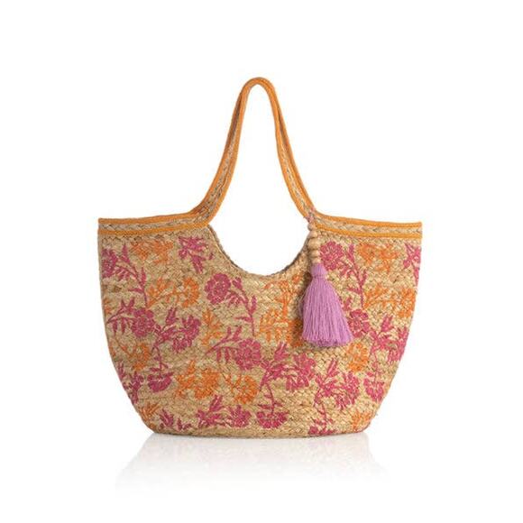 Shiraleah Graziella Floral Jute Tote Tassel Resort Beach Bag NWT